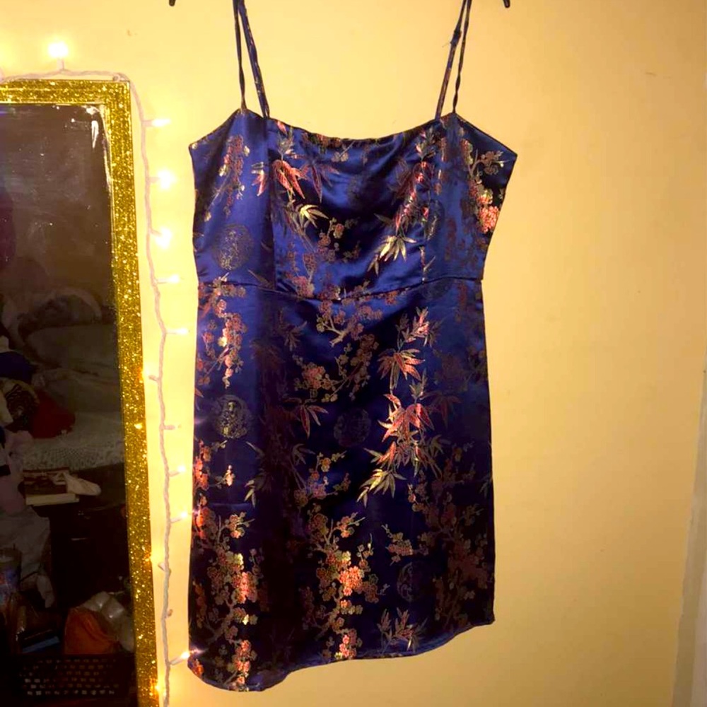 Spaghetti strap blue Chinese mini dress